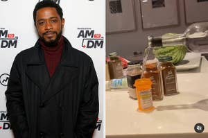 LaKeith Stanfield poses on the red carpet and a screen grab of LaKeith pouring alcohol into a medicine bottle