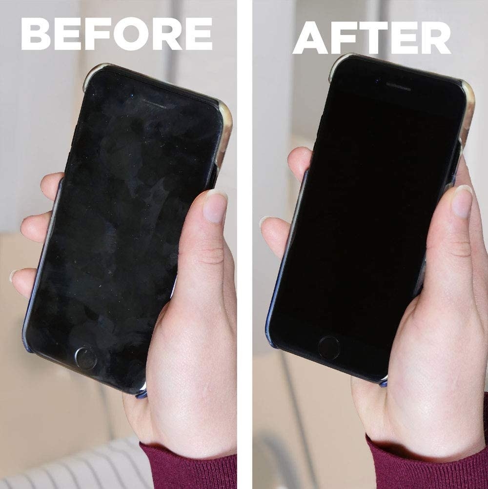A person&#x27;s phone before and after using the screen-cleaning wipes