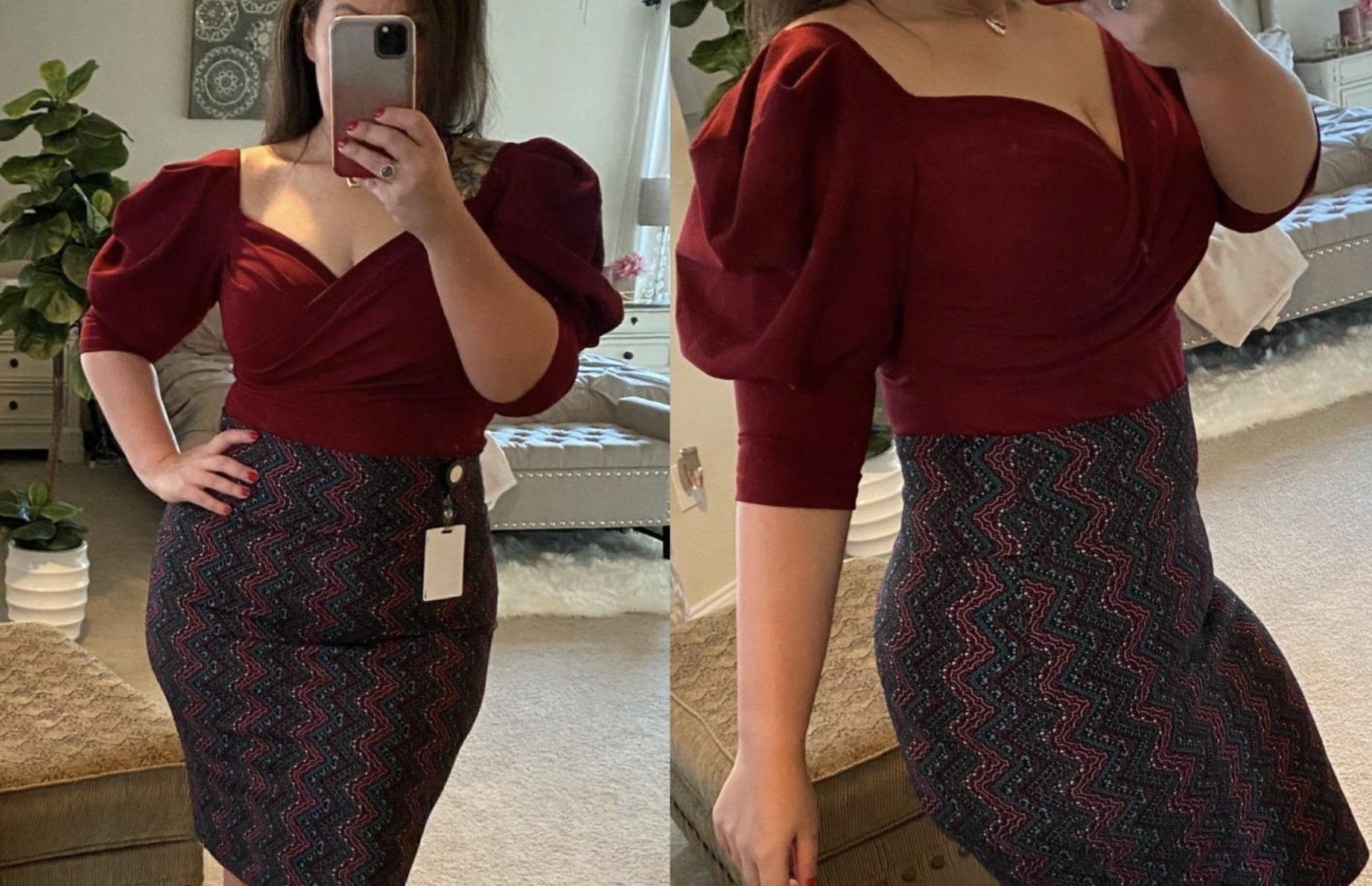 reviewer wearing dark red top tucked into a skirt