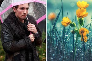 Klaus is smoking a cigarette while holding an umbrella with flowers in the rain on the right
