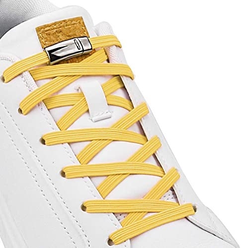 white sneaker with yellow elastic shoelaces