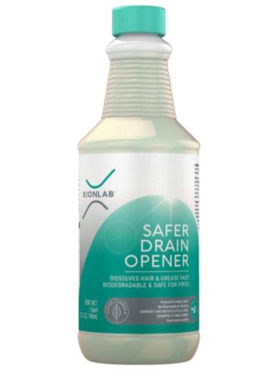 Clear bottle that says &quot;Xion Lab Safer Drain Opener&quot;