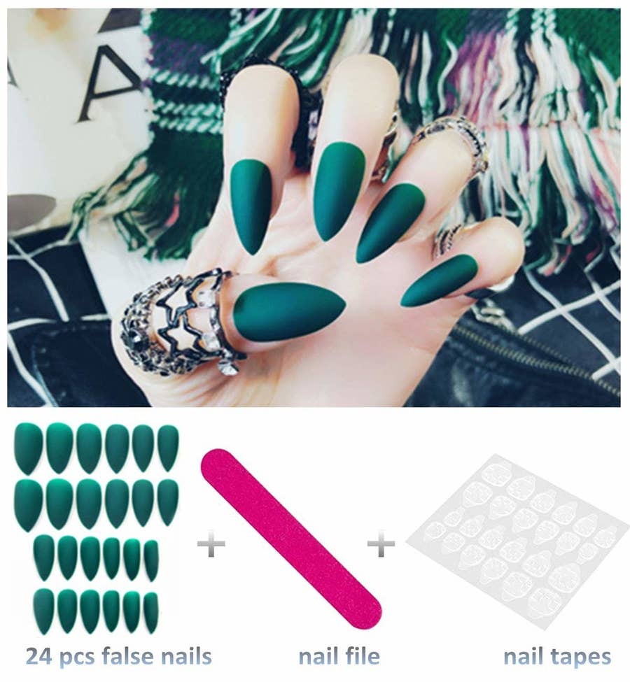 Wow, Your Nails Look Amazing! 24pcs Long Stiletto False Nail Art Tips,  Convenient And Reusable, Green & Black Painted, Suitable For Parties And  Dancing