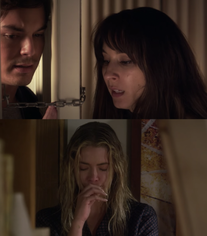 Caleb talking to Spencer through the door while Hanna listens