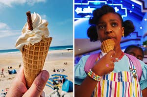 A hand holding ice cream in front of a beach scene, next to a young girl with pigtails holding an ice cream cone