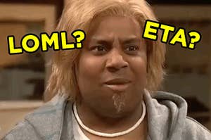 Kenan Thompson furrows his brows in confusion in The Californians sketch on "SNL" with "LOML?" and "ETA?" typed around his face