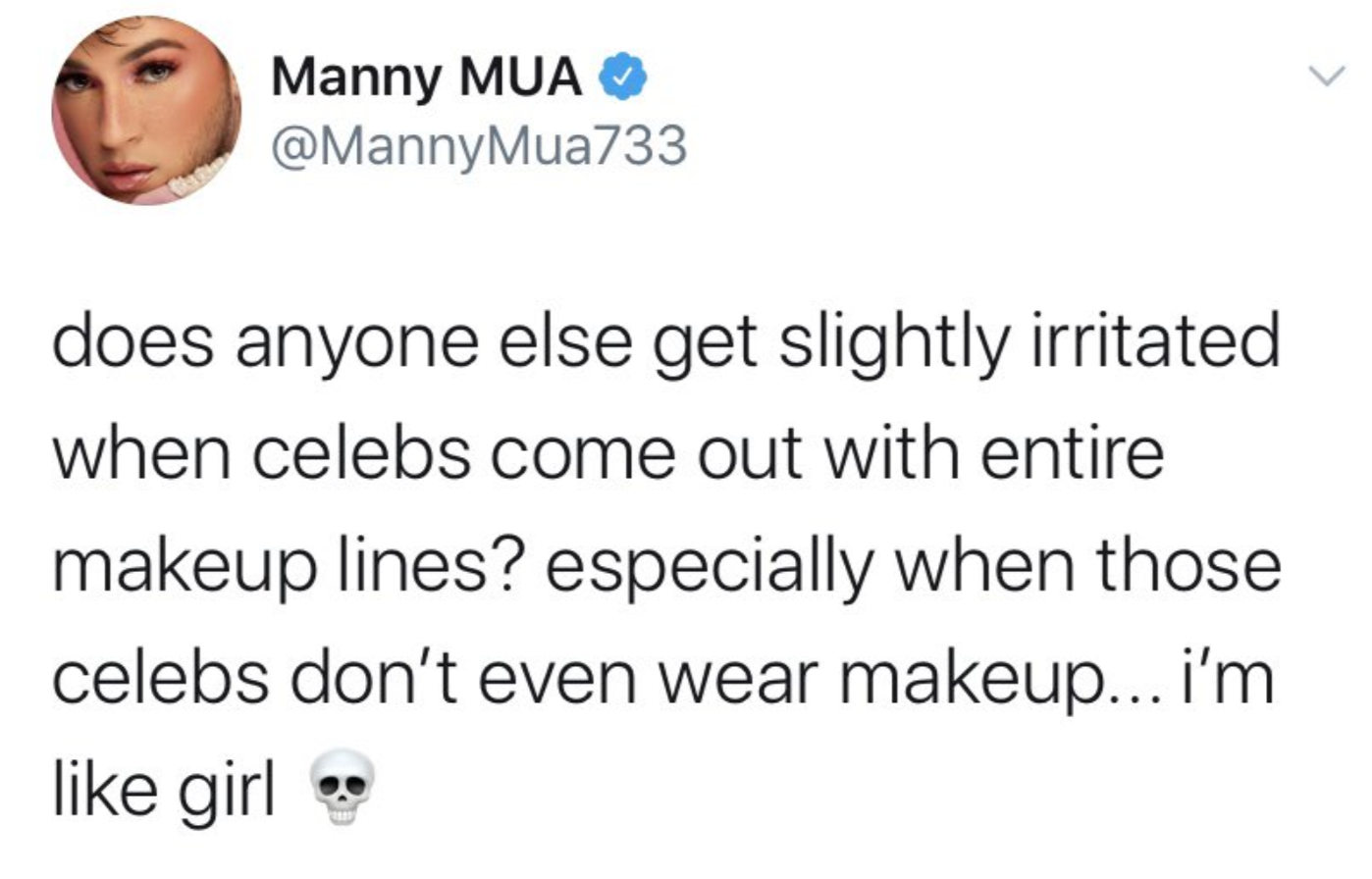 He said, &quot;Does anyone get slightly irritated when celebs come out with entire makeup lines? Especially when those celebs don&#x27;t even wear makeup.&quot;