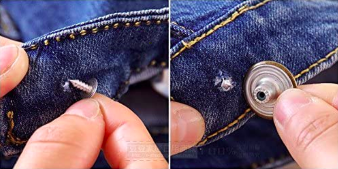 Product photos demonstrating how the Oxeanus jeans button replacement kit can easily repair your jeans