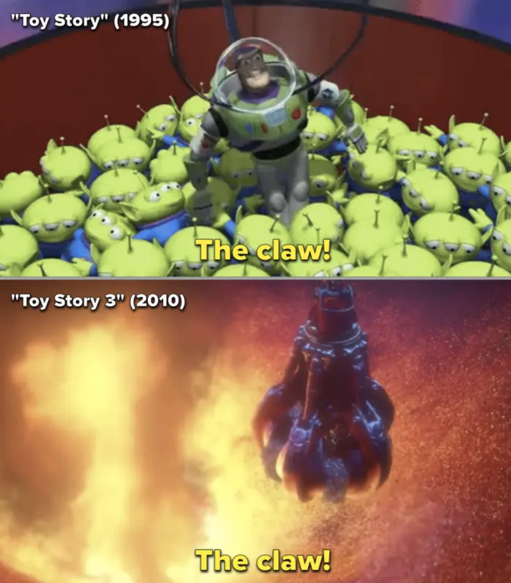 Side-by-side of the toy aliens using the claw in the first movie vs. in the third movie
