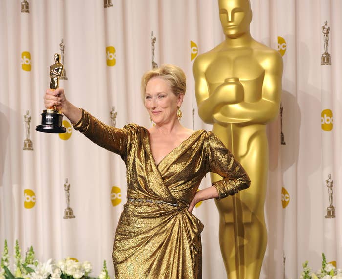 Meryl Streep holding her Oscar after winning for &quot;The Iron Lady&quot;