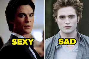 Damon Salvatore from the Vampire Diaries with the text "sexy" and Edward Cullen from Twilight with the text "sad"