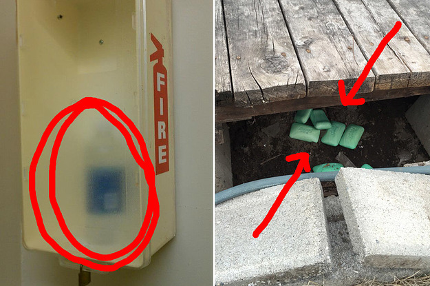 A water bottle in a fire extinguisher case next to several bars of soap under a porch