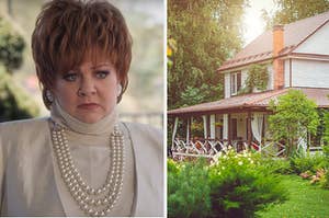 Melissa McCarthy in The Boss wearing layered pearl necklaces, and a cozy cottage surrounded by greenery with a cute porch