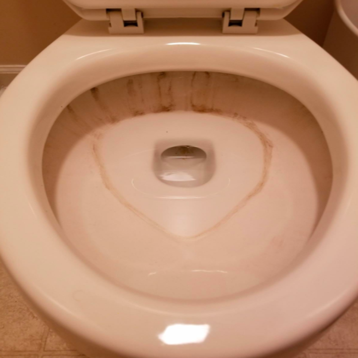 Reviewer photo showing toilet with severe ring stains