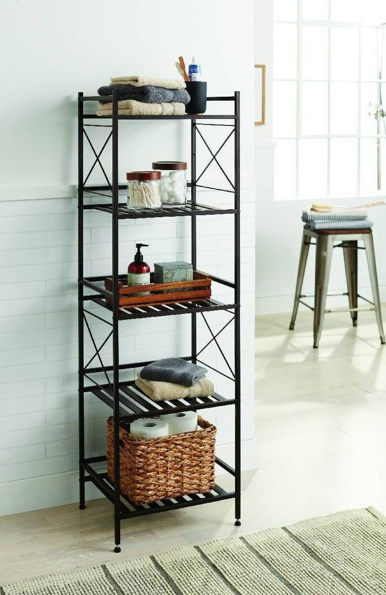 black shelving unit for bathroom