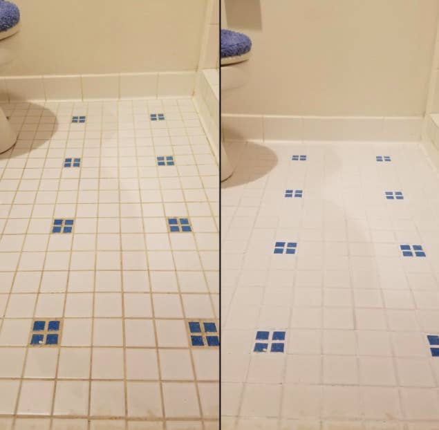 Reviewer photo showing before-and-after using the Grout Pen on their bathroom floor. The stains on the grout are visibly gone and entire tile flooring looks considerably cleaner and newer