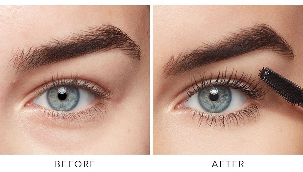 Model&#x27;s before-and-after of their lashes looking much longer and voluminous after using the mascara 