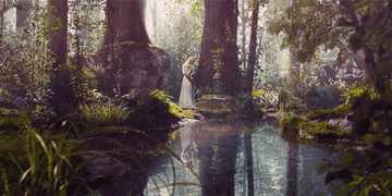 Gif of Aurora walking in the woods before a lake