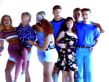 A GIF from the opening credits of 90210 that features the cast against a white ground posing. 