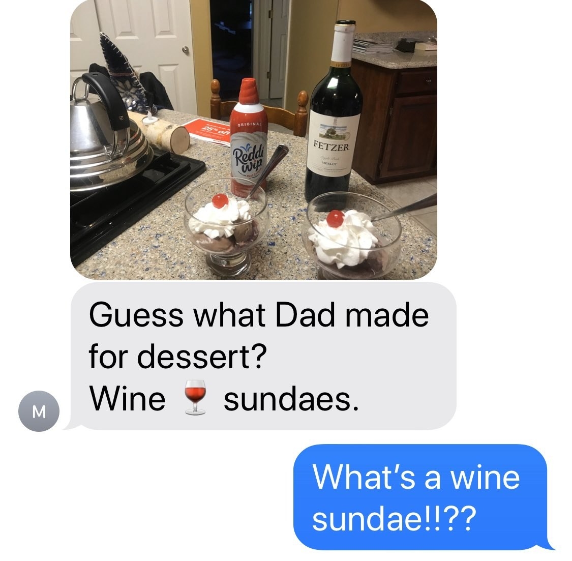 Jenna Fischer&#x27;s mom texts her a picture of wine sundaes that Jenna&#x27;s dad made