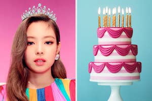 An image of Blackpink's Jennie next to a triple-tiered cake that is beautifully decorated with candles on toop