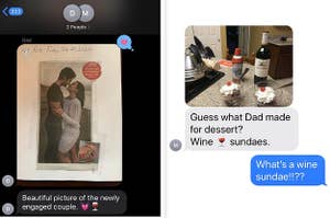 Max Ehrich's family chat about his engagement to Demi Lovato side by side with Jenna Fischer's text from her mom about her dad making wine sundaes