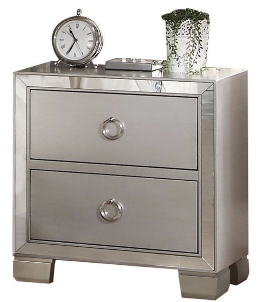 The mirrored nightstand with silver ring handles 