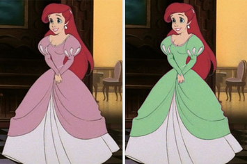 Ariel in a pink dress and a green dress in The Little Mermaid