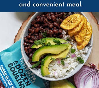 the black beans in a rice, plantains, and avocado bowl lunch