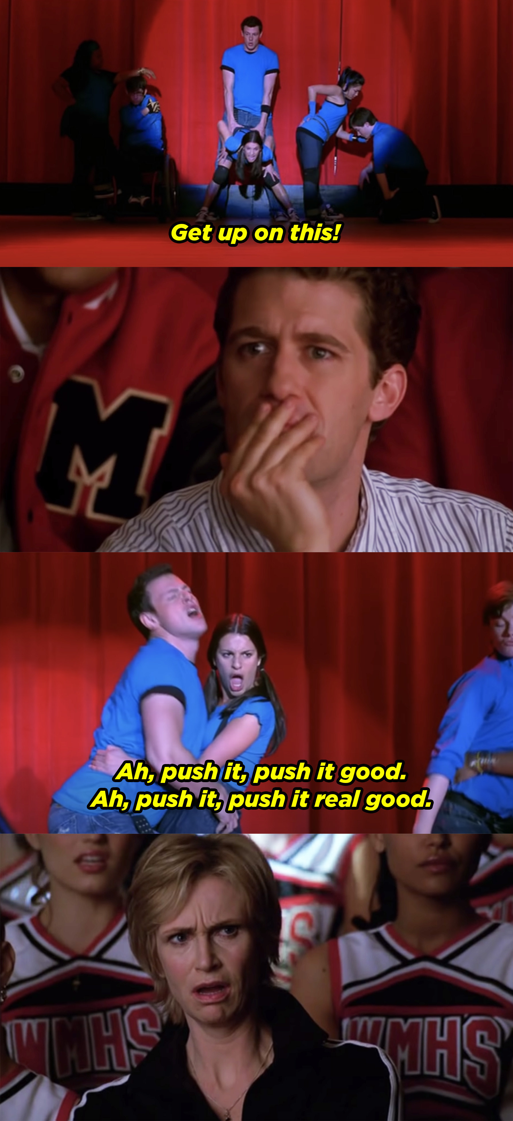 The New Directions grinding on each other while singing &quot;Push It&quot; and the audience staring at them uncomfortably. 