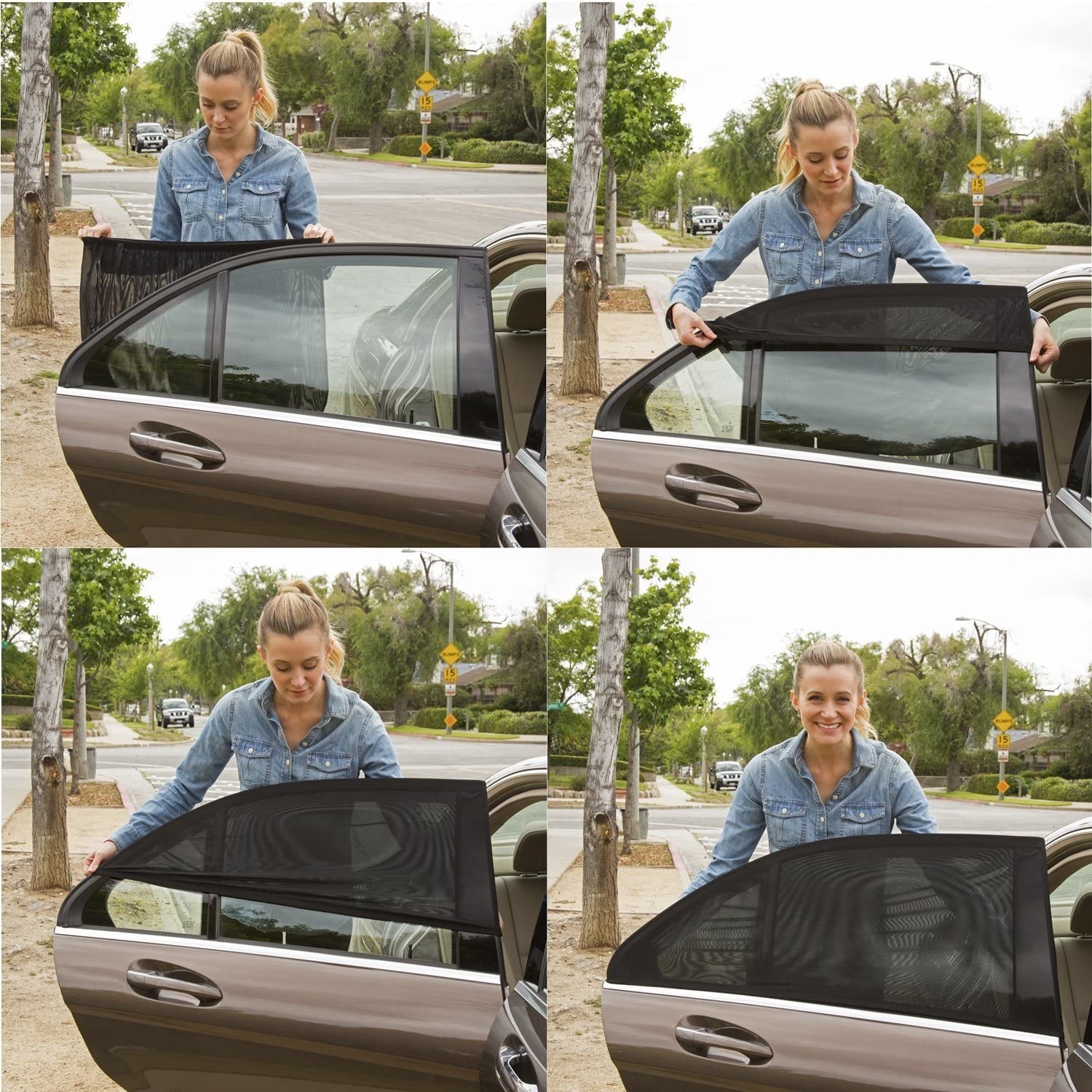 A four-part image of a model putting the black mesh over the car window, showing how easy it is 