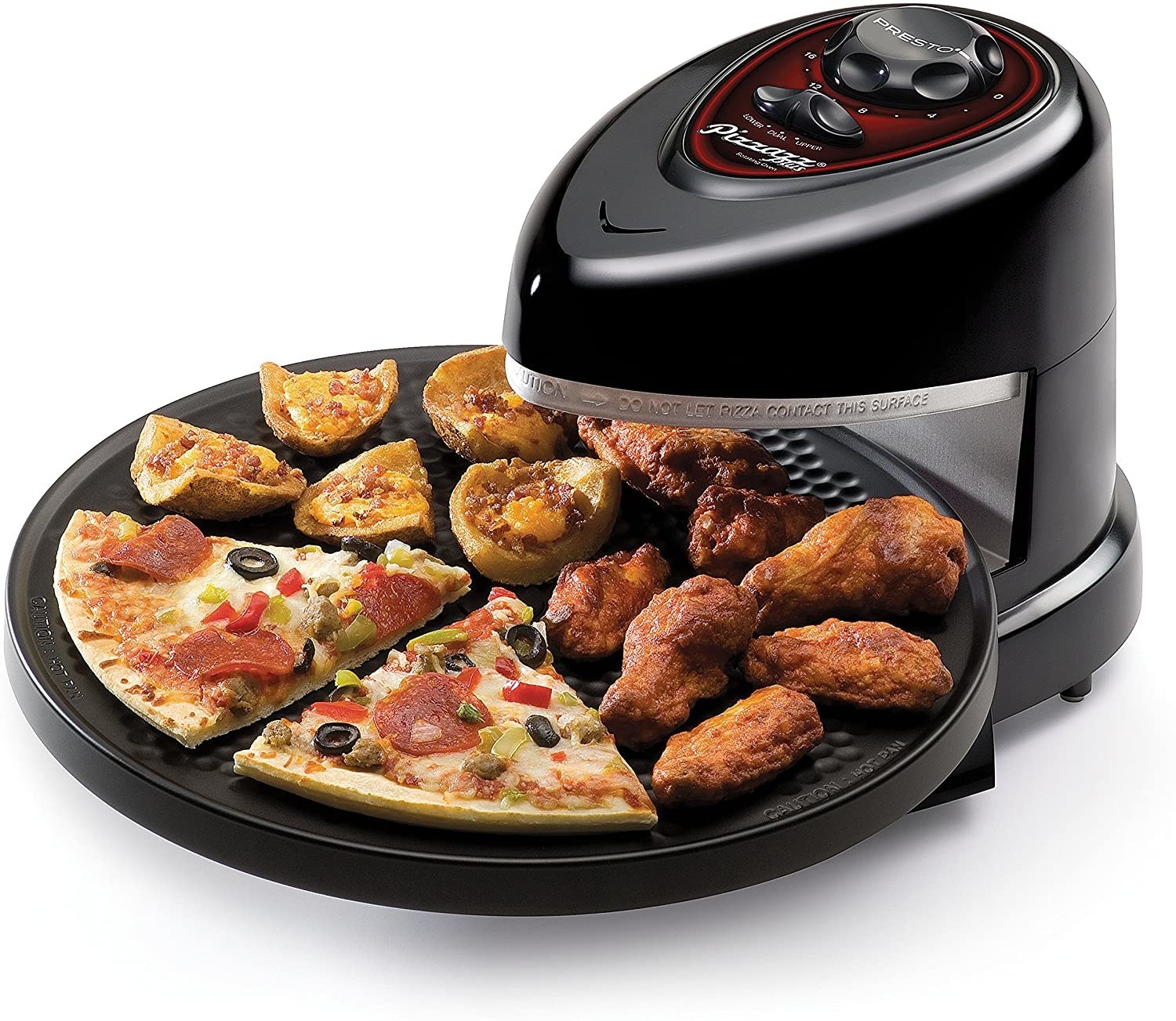 rotating cooker with wings, pizza, and loaded baked potato skins on it