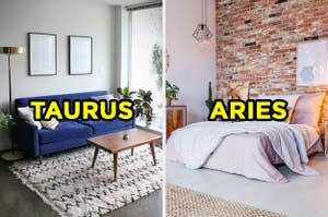 On the left, a simple living room with a couch, coffee table, and large window with "Taurus" typed on top of the image, and on the right, a bedroom with a large bed in the center of the room next to a brick wall with "Aries" typed on top of the image