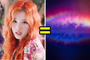 An image of Sana from TWICE's music video next to an image of spiraling colors blending together