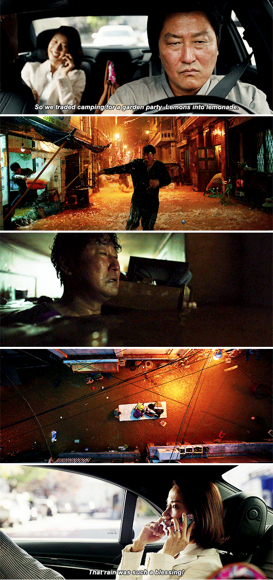 Yeon-kyo talking about how the rain was a blessing, vs. clips of how the rain destroyed the Kim family's home
