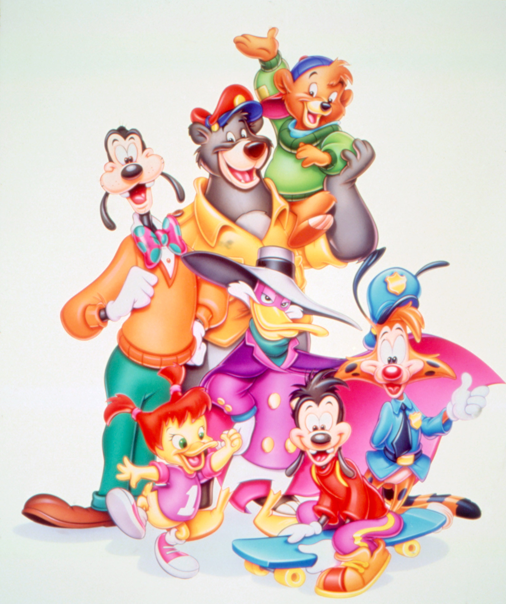 A Disney Afternoon promotional drawing of the characters from &quot;Goof Troop,&quot; &quot;Tale Spin,&quot; &quot;Bonkers,&quot; and &quot;Darkwing Duck.&quot;