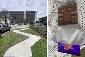 A zig-zagging sidewalk and a chocolate bar with strangely shaped pieces