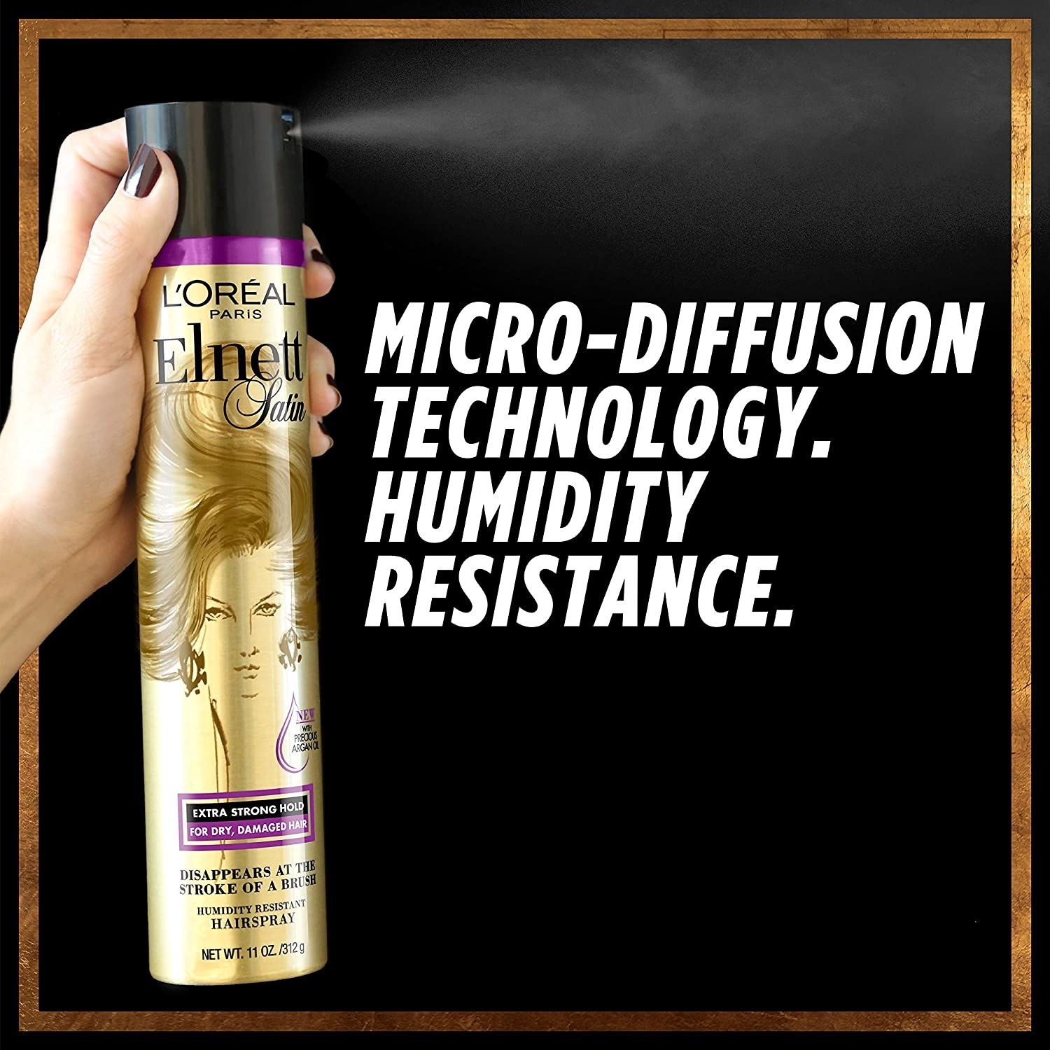 The spray bottle on black background with the words &quot;micro-diffusion technology. humidity resistance.&quot; 