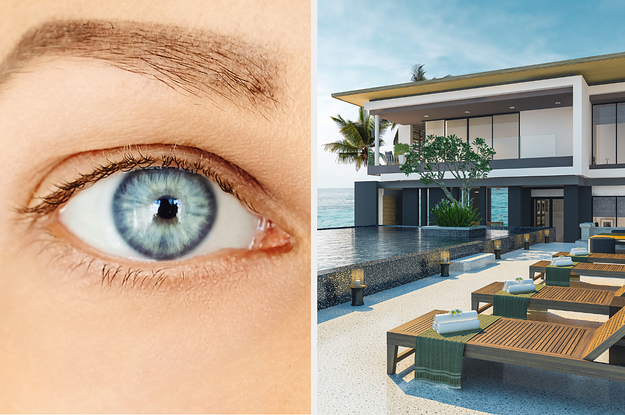 An image of a person with blue eyes next to an image of a modern home by the ocean
