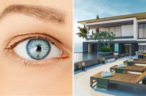 An image of a person with blue eyes next to an image of a modern home by the ocean