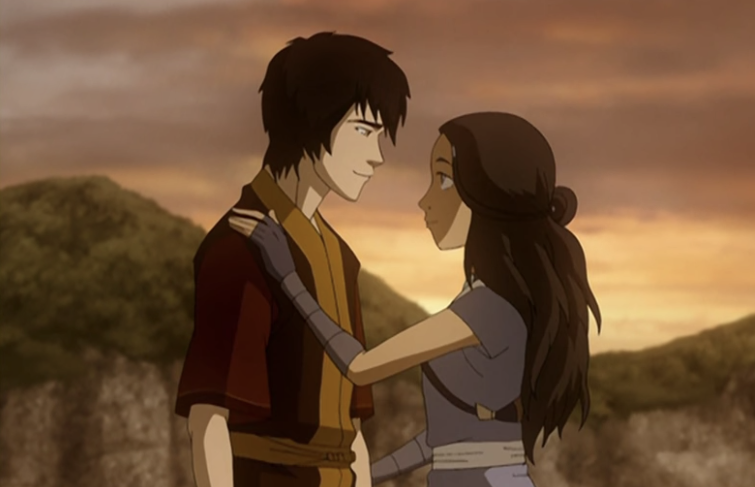 Katara with her hand on Zuko&#x27;s shoulder