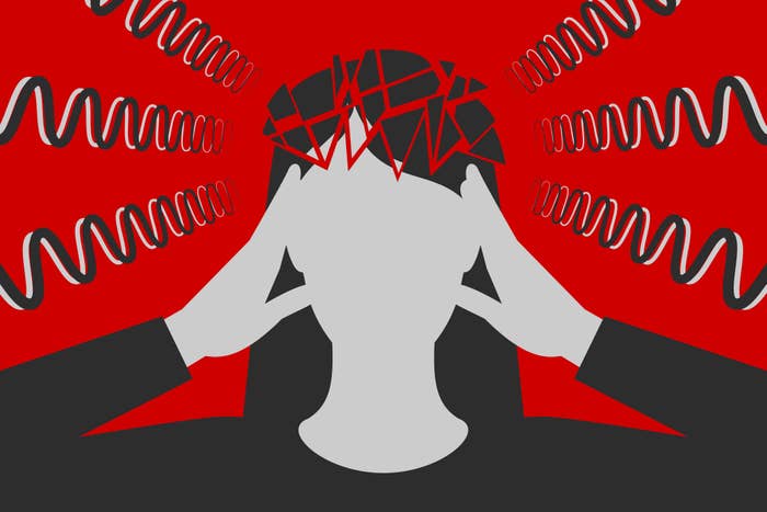 Black-and-white woman is clasping her head with hands, suffering from unbearable headache caused by stress and overwork, head is broken down to fragments, over depressive red background