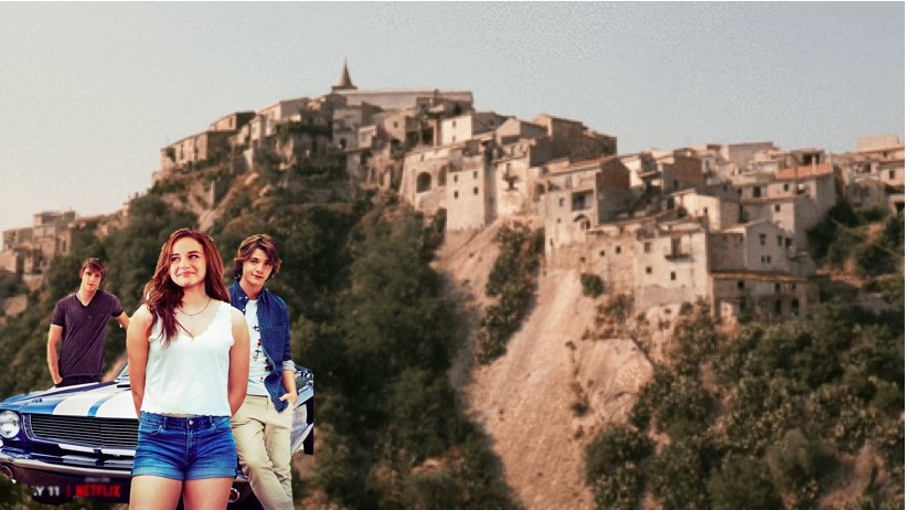 Noah, Elle, and Lee photoshopped onto a photo of the Italian countryside