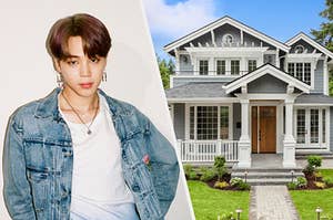 A photo of Jimin next to an image of a nice two story house