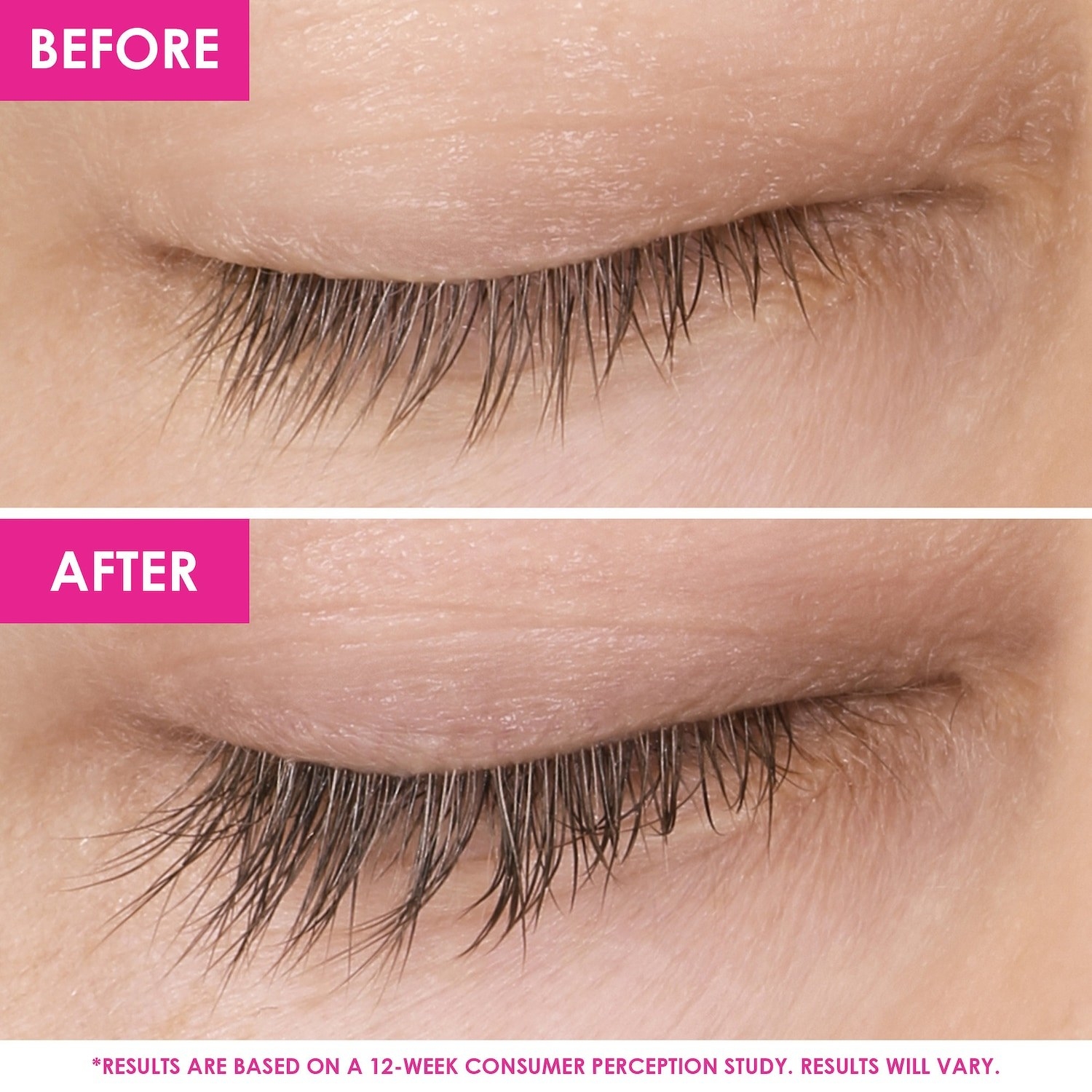 before photo of model with short lashes; an after photo of same model with visibly longer lashes