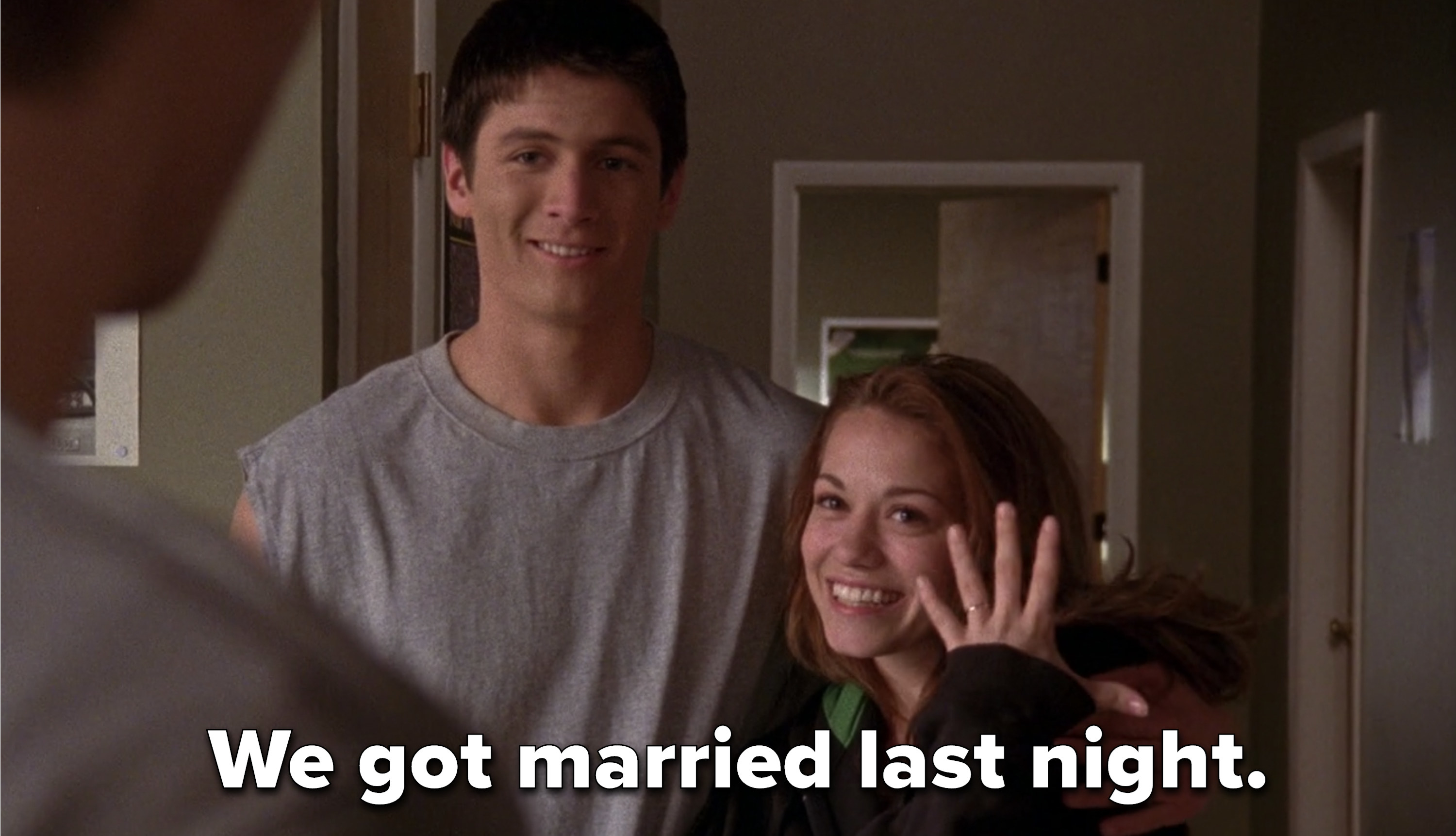 Haley flashing her ring to Lucas and saying her and Nathan got married the night prior