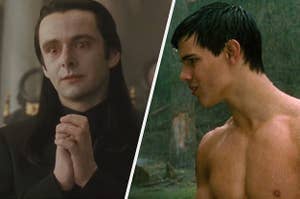 On the left, Michael Sheen as Aro in "New Moon," and on the right, Taylor Lautner as Jacob in "New Moon"