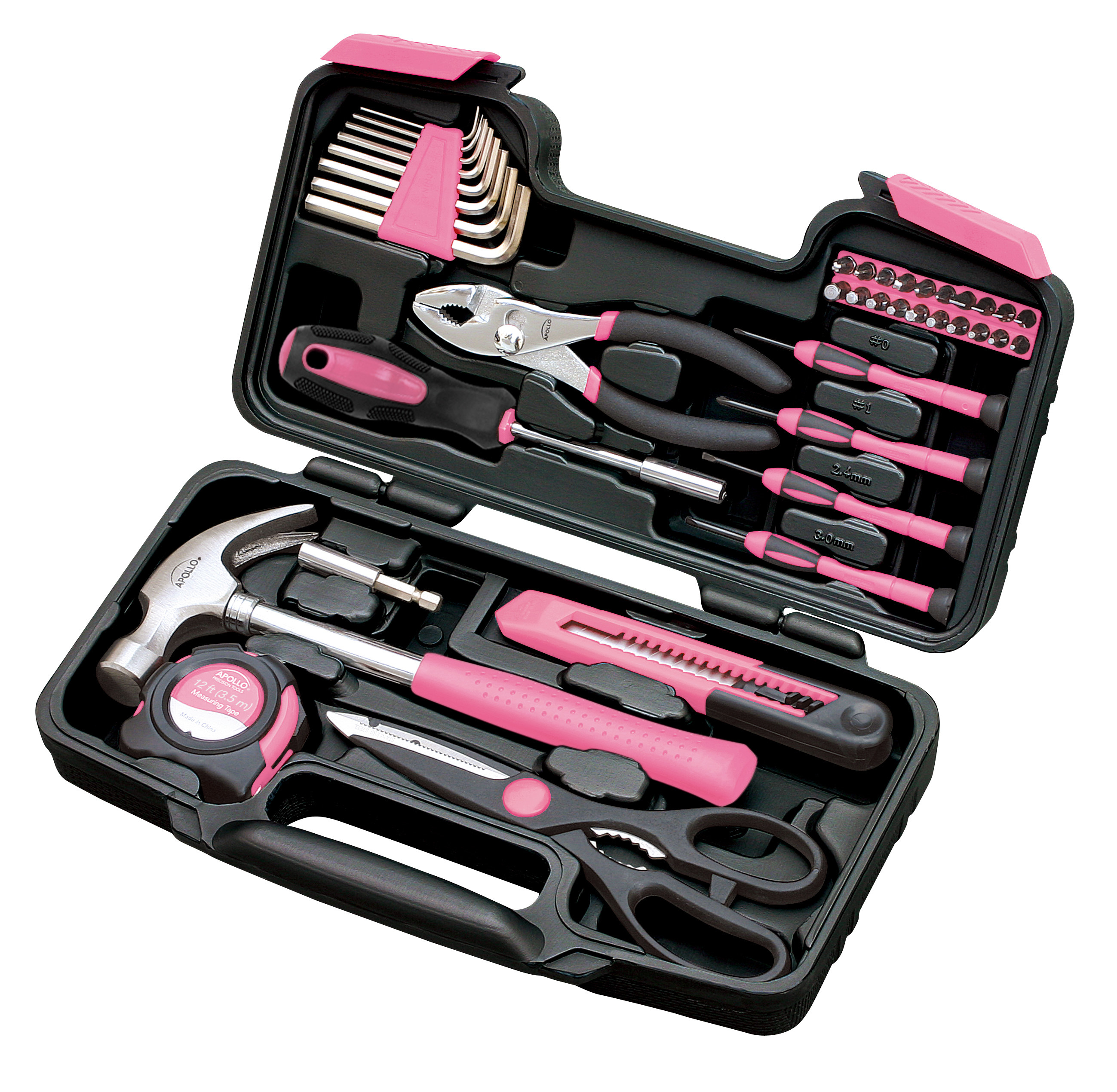 39-piece pink tool kit in a black carrying case