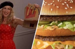 Carrie Bradshaw from "Sex and the City" holding McDonalds bags, side-by-side with a close-up of a Big Mac.