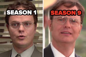Dwight Schrute in the Season 1 next to Dwight Schrute in Season 9